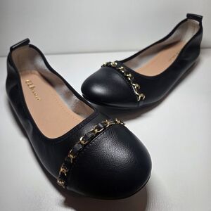 GUIxianglai Elegant Black Leather Flats with Gold Chain Women's Size 9